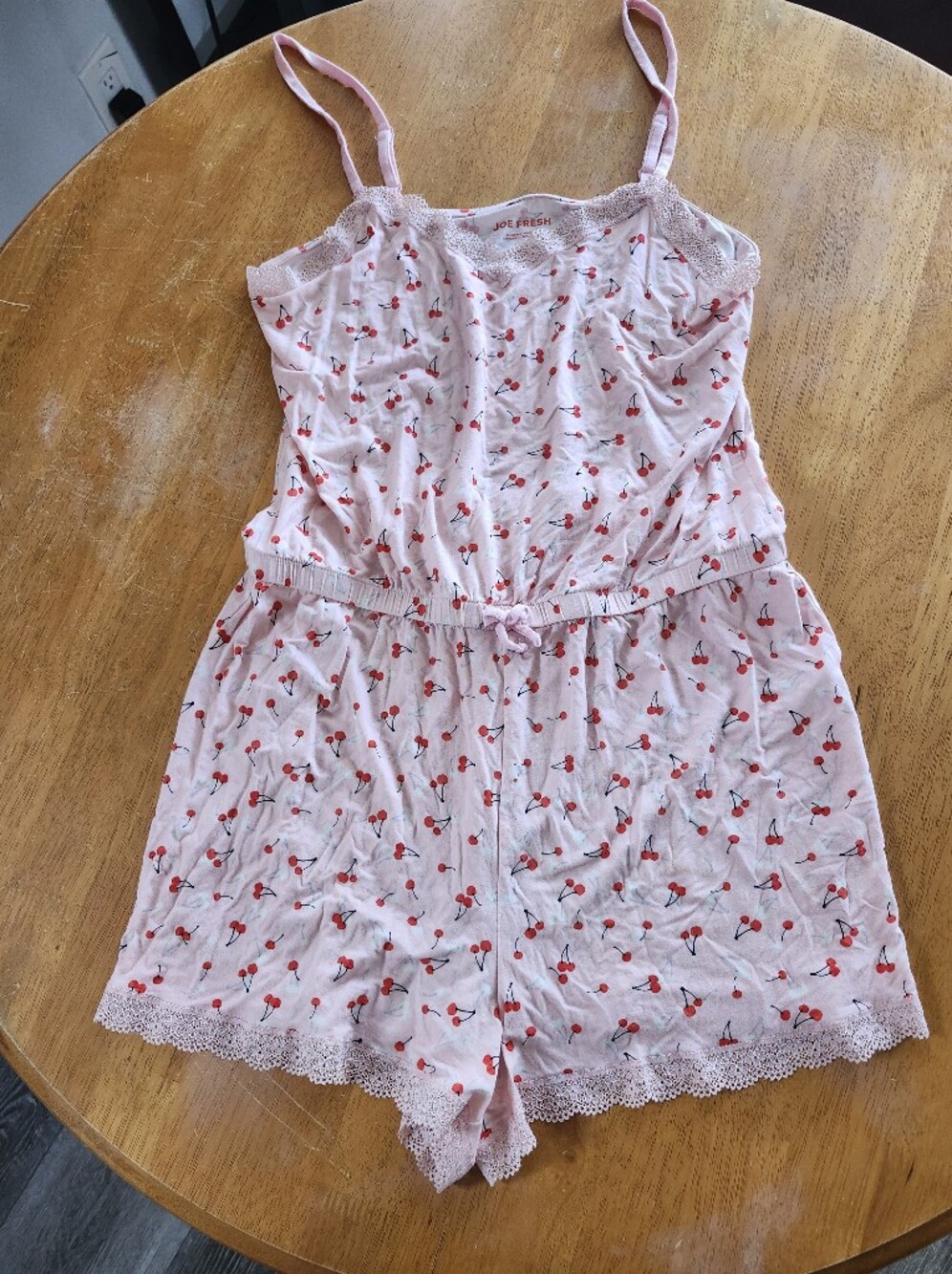 Joe Fresh Cherry Print Pink Romper Pajamas Large Soft Stretchy Lace, Sexy Cute